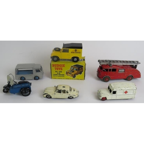 41 - A 1960s Budgie toys AA Land Rover No268 with box, a Diecast RAC motorcycle and side car and four vin... 