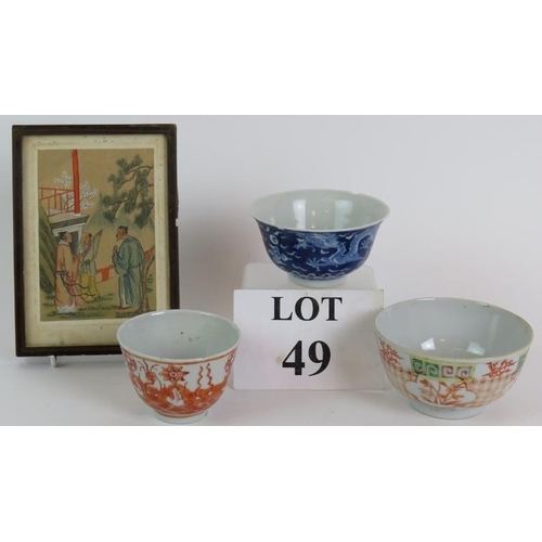 49 - Three antique Chinese porcelain bowls, one blue and white depicting a five claw dragon chasing a pea... 