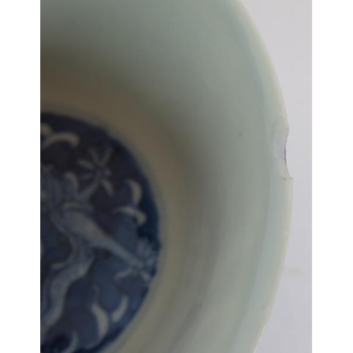 49 - Three antique Chinese porcelain bowls, one blue and white depicting a five claw dragon chasing a pea... 