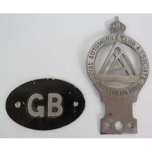 51 - A 1930s RAC Northern India chrome car badge, a period aluminium GB car badge and ten car rally plaqu... 