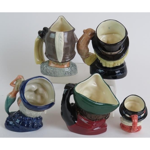 57 - Five small Royal Doulton Toby jugs being Gladiator, Mad Hatter, Old Salt, Dick Turpin and Beefeater.... 