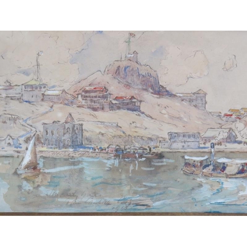 598 - British School (1913) - 'River Landscape', featuring a steamer and other boats, a hilltop castle and... 