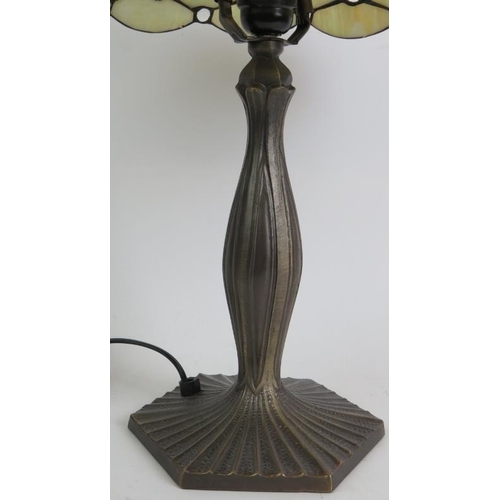 68 - A Contemporary Tiffany style table lamp on bronze lotus leaf base with a pearl stained glass shade. ... 