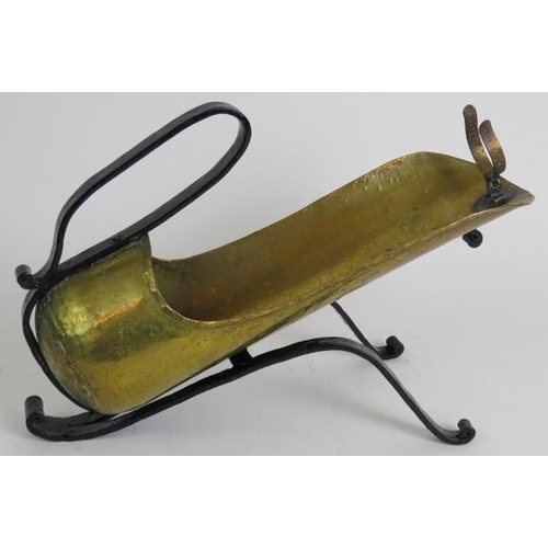 74 - A scratch made Arts and Crafts style wine bottle holder with brass body signed Goardere, circa 1950s... 