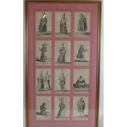 76 - A set of 12 framed and mounted 18th Century Bernard Picart engravings of costumes of The world plus ... 