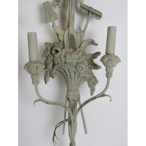 84 - A pair of Italian wood and plaster two branch cornucopia wall sconces by Palladio over painted in ch... 