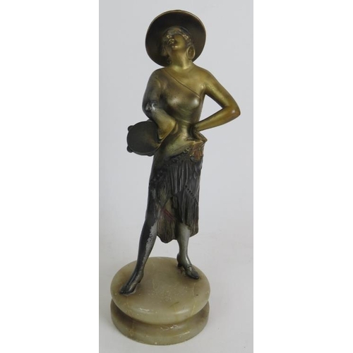 92 - A cast metal Art Deco figure of a dancer on an alabaster plinth, a well cast Spelter Marley Horse an... 