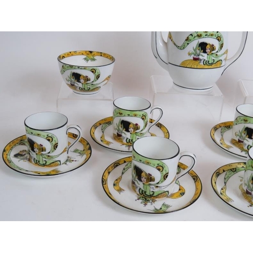 97 - A 1920s Melba bone china Dolly Varden coffee set comprising six cups and saucers, coffee pot, sugar ... 