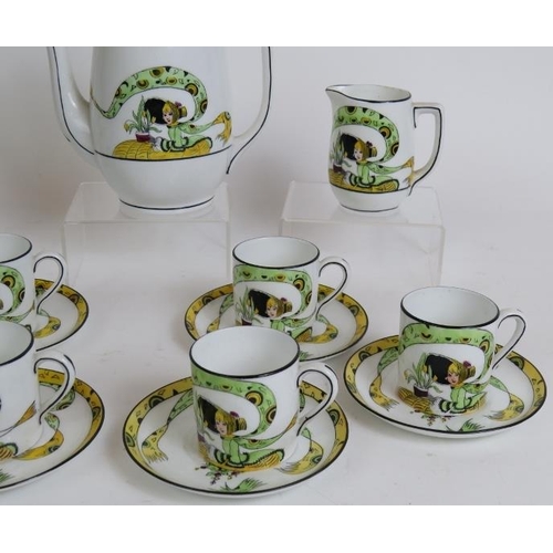 97 - A 1920s Melba bone china Dolly Varden coffee set comprising six cups and saucers, coffee pot, sugar ... 