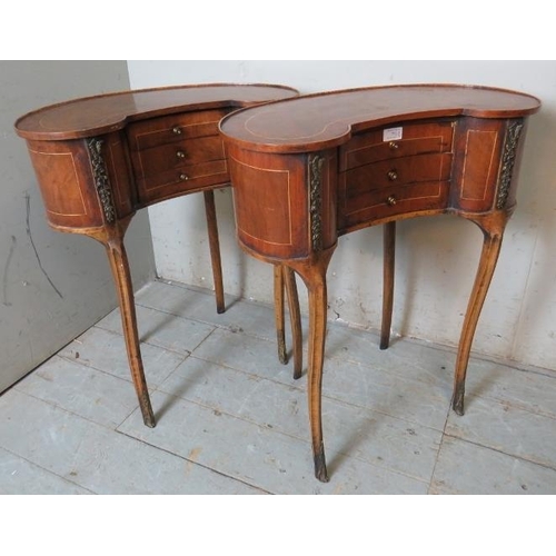 702 - A pair of vintage French kidney shaped burr walnut & tulipwood bedside tables with gilt metal mounts... 