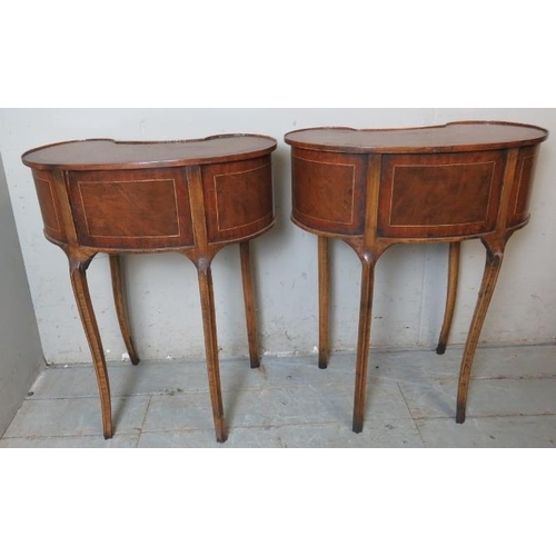 702 - A pair of vintage French kidney shaped burr walnut & tulipwood bedside tables with gilt metal mounts... 