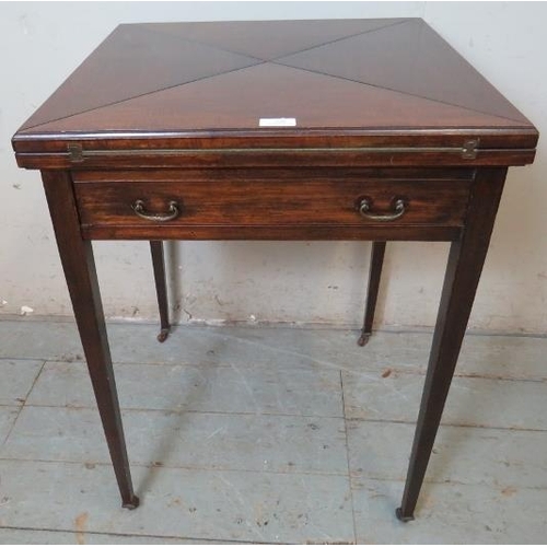 738 - An Edwardian Regency revival mahogany envelope card table with single frieze drawer fitted with bras... 