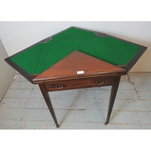 738 - An Edwardian Regency revival mahogany envelope card table with single frieze drawer fitted with bras... 