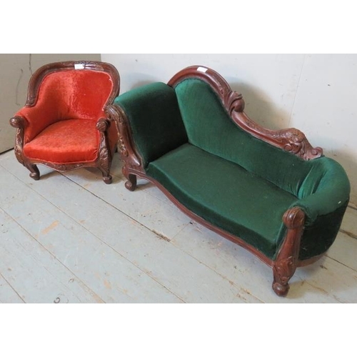 752 - A miniature Victorian style chaise longue upholstered in green, together with a miniature Victorian ... 