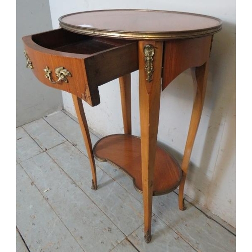 756 - A vintage French gilt-metal mounted tulipwood & walnut lamp table with single frieze drawer, raised ... 