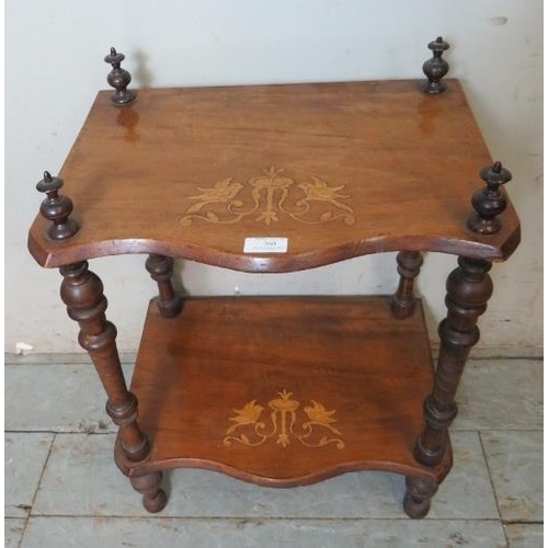 760 - A Victorian walnut two tier whatnot with pearwood inlay depicting songbirds and turned uprights surr... 