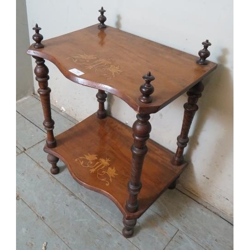 760 - A Victorian walnut two tier whatnot with pearwood inlay depicting songbirds and turned uprights surr... 