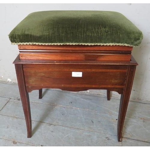 764 - An Edwardian mahogany inlaid & crossbanded piano stool with height adjustable seat mechanism, raised... 