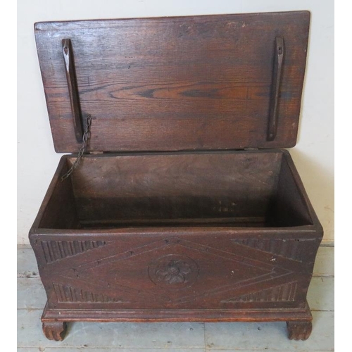 796 - A small antique oak metal bound coffer/blanket box with relief carving to lid depicting a ship at se... 