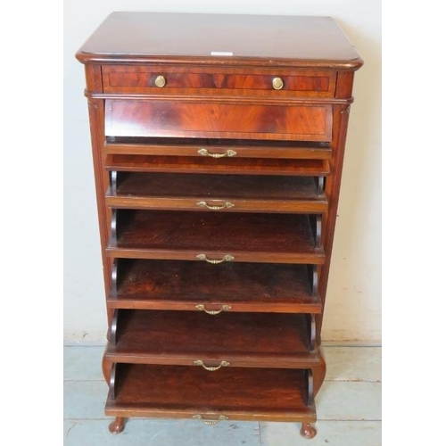 801 - An Edwardian flame mahogany inlaid & crossbanded music cabinet, housing one shallow frieze drawer & ... 