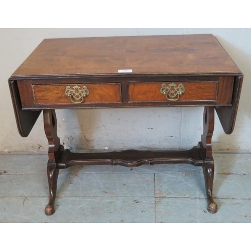 802 - A diminutive Edwardian mahogany & burr walnut sofa table with two short cock beaded drawers fitted w... 