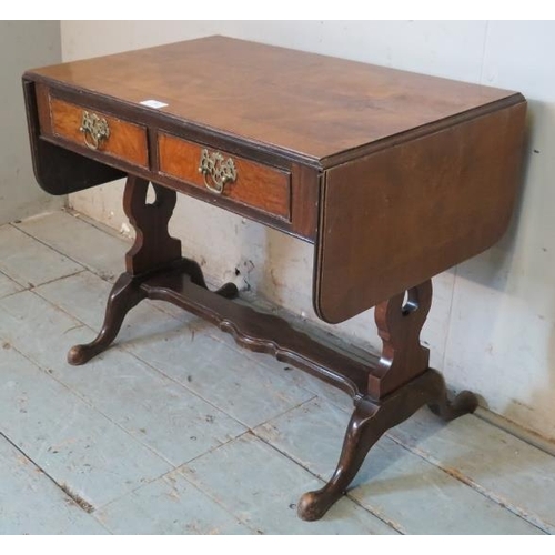 802 - A diminutive Edwardian mahogany & burr walnut sofa table with two short cock beaded drawers fitted w... 