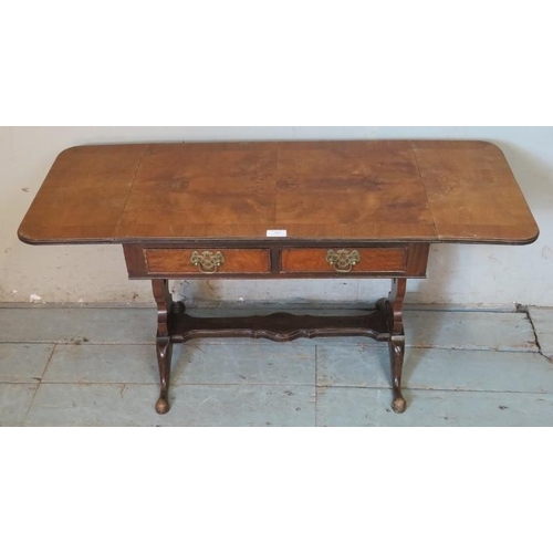 802 - A diminutive Edwardian mahogany & burr walnut sofa table with two short cock beaded drawers fitted w... 