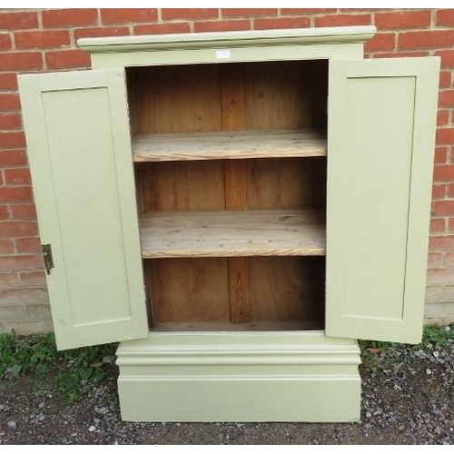 807 - An antique pine cabinet painted pale green with two fitted shelves & brass catch handle, raised on p... 