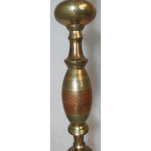 853 - A vintage style Benares brass standard lamp with intricately hand decorated engraved column, togethe... 