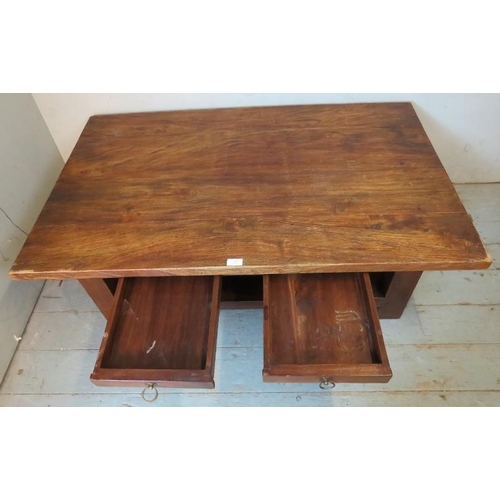 861 - A well built rustic solid hardwood low coffee table with two short frieze drawers, raised on square ... 