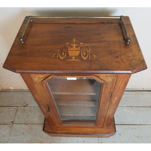 902 - A Victorian walnut marquetry inlaid side cabinet, with brass gallery rails and glazed door opening o... 