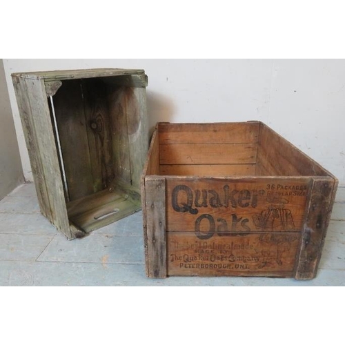 927 - A vintage pine crate branded 'Quaker Oats', together with a vintage fruit box stamped 'Covent Garden... 