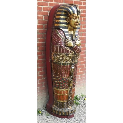 888 - A life size model of an ancient Egyptian Mummies casket, modern, hinged to reveal shelving, (a cool ... 