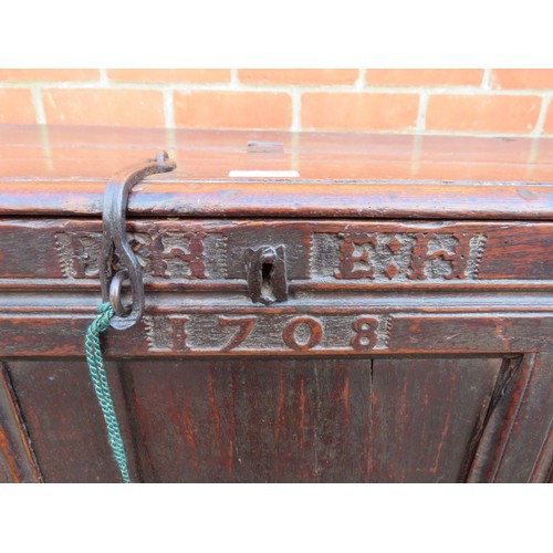 920 - An early 18th century Queen Anne period oak coffer/marriage chest carved with initials 'DA & EH' and... 