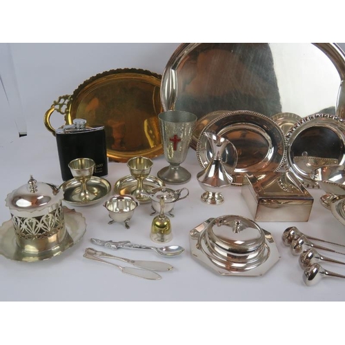 105 - A large selection of mainly silver plated wares including a tea set, platter, cocktail stirrers, etc... 