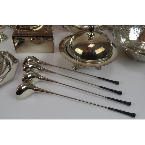 105 - A large selection of mainly silver plated wares including a tea set, platter, cocktail stirrers, etc... 