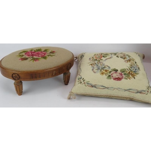 110 - A small Edwardian mahogany wall cupboard, a tapestry cushion and a tapestry covered foot stool (3). ... 