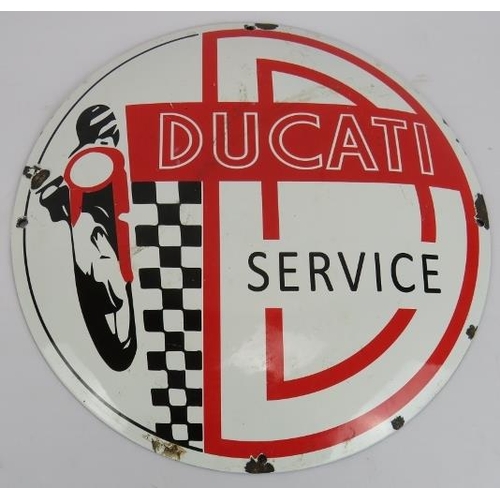 113 - A vintage style Ducati motorbike enamel sign. Diameter 30cm
Condition report: Enamel chipped to edge... 