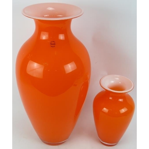 12 - Two orange Murano glass vases by Nason & Co, both with white glass interiors, both marked to base. T... 