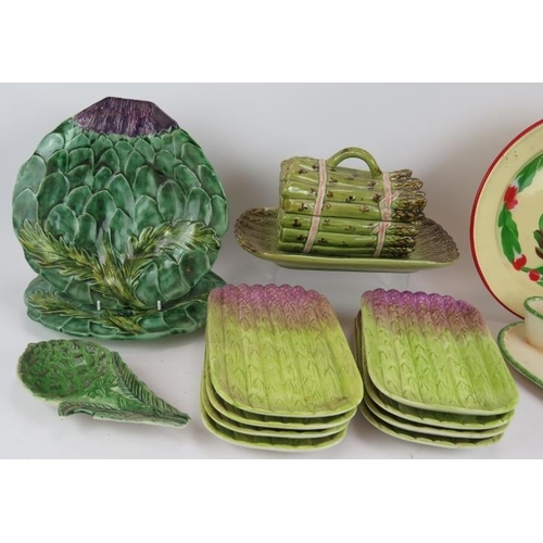 140 - A quantity of Portuguese & Italian ceramics fashioned as asparagus and artichokes plus two enamel ar... 