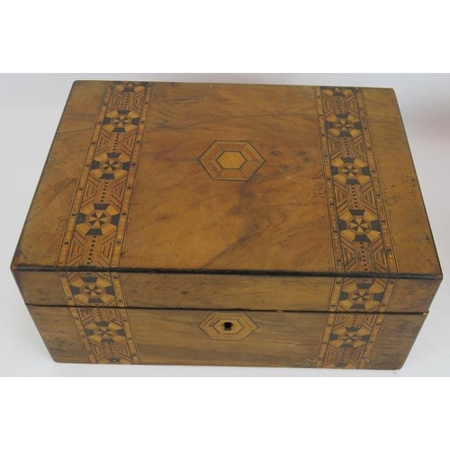 154 - Two 19th Century inlaid work boxes, both with ornate geometric banding. Largest 30cm long, 22cm deep... 