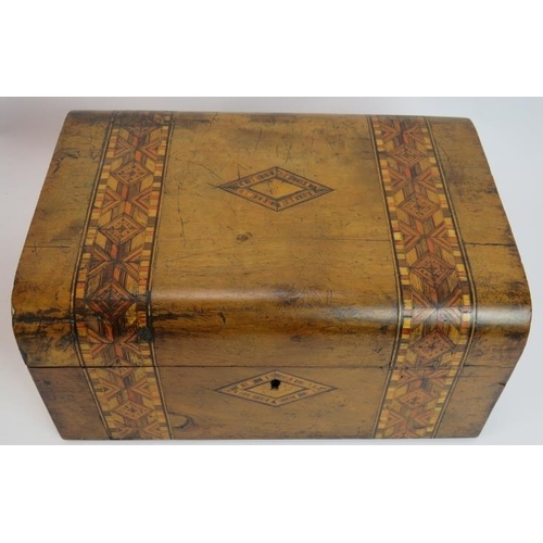 154 - Two 19th Century inlaid work boxes, both with ornate geometric banding. Largest 30cm long, 22cm deep... 