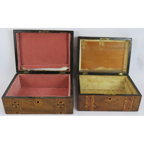 154 - Two 19th Century inlaid work boxes, both with ornate geometric banding. Largest 30cm long, 22cm deep... 