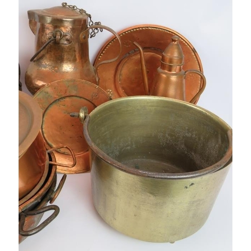 157 - A large quantity of good quality copper and brass cooking pans and jugs, 15 different items in total... 