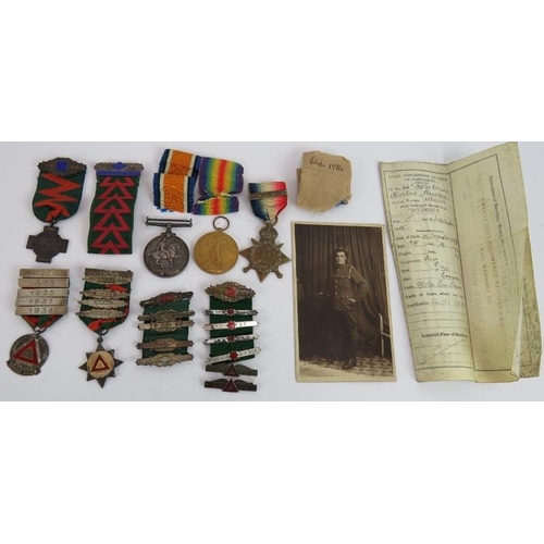 17 - A WWI trio medal group engraved to 46.S Driver H Brooks R.M Brigade plus photo, discharge papers, Ro... 