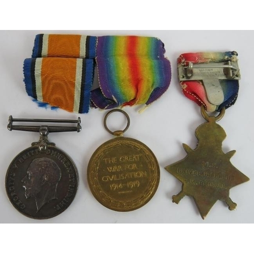 17 - A WWI trio medal group engraved to 46.S Driver H Brooks R.M Brigade plus photo, discharge papers, Ro... 