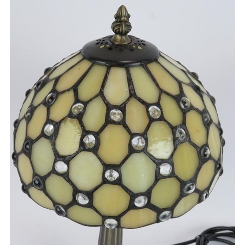 170 - A contemporary Tiffany style lamp and shade with bronzed oak leaf base and stained glass shade. Heig... 