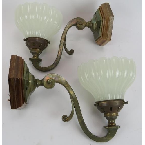 174 - A pair of antique style scroll shape wall lights with fluted opaline shade and mahogany Patrices. (p... 