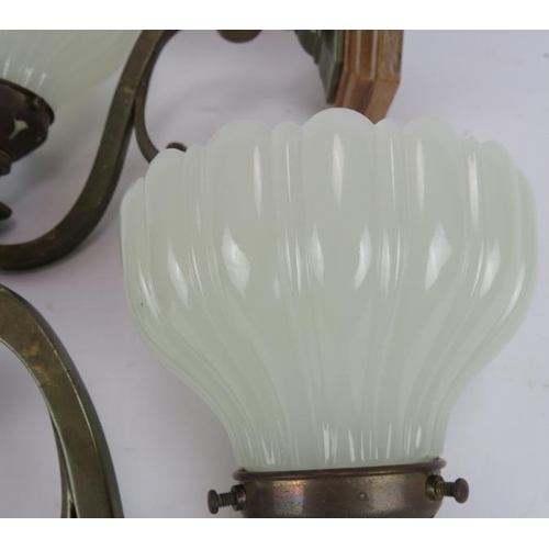 174 - A pair of antique style scroll shape wall lights with fluted opaline shade and mahogany Patrices. (p... 