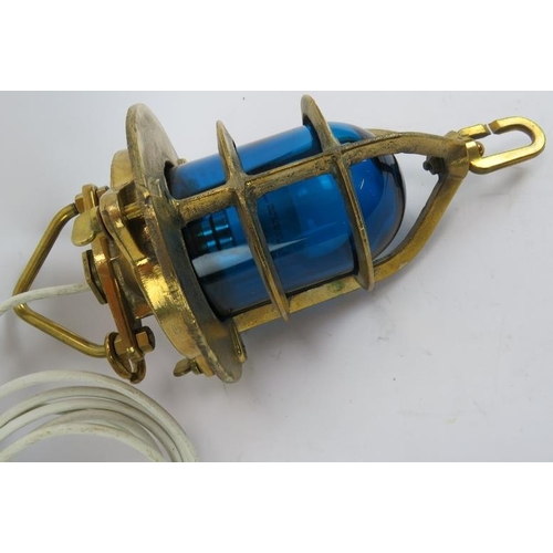 182 - A CB Ltd 1950 hanging brass ships lamp with blue shade. Body stamped S+A AP7009 BMOD. Height 34cm.
C... 